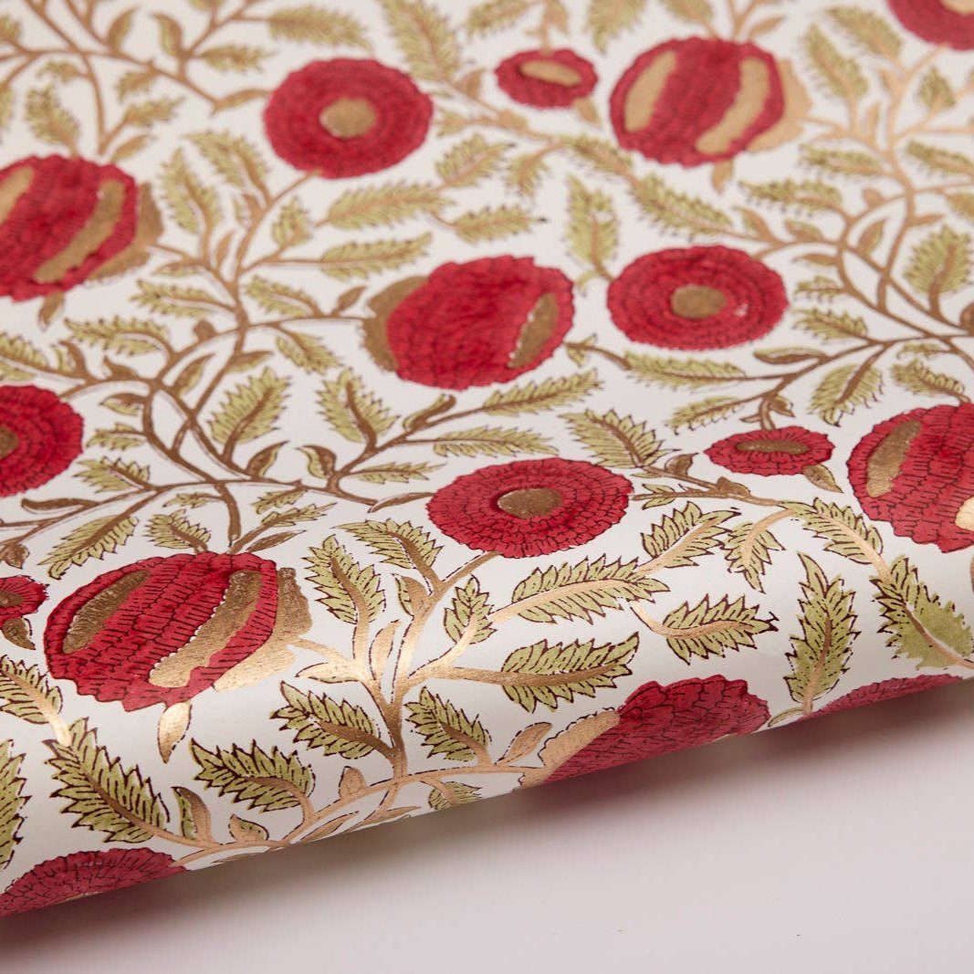 Block Printed Wrapping Paper Sheets - Marigold Glitz Scarlet