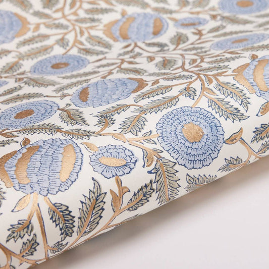 Block Printed Wrapping Paper Sheets-Marigold Glitz BlueStone