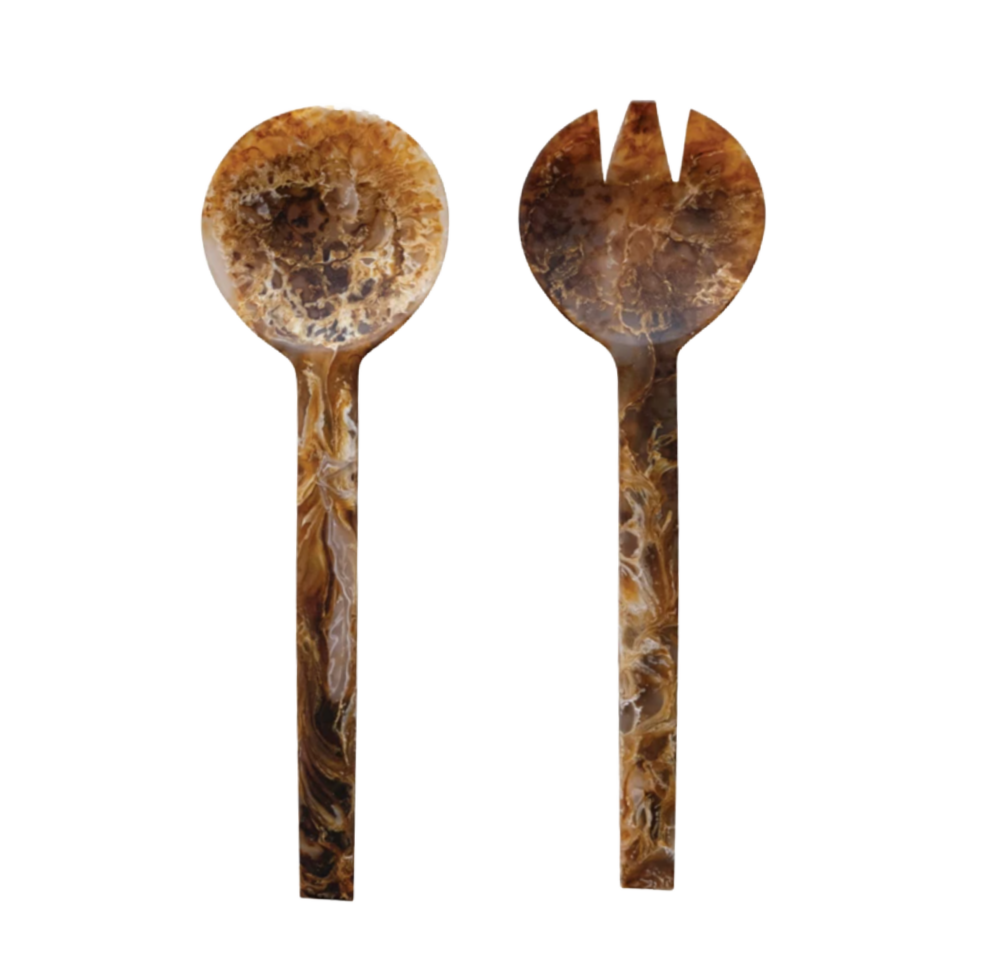 Resin Salad Servers, Matte Marbled Brown, Set of 2