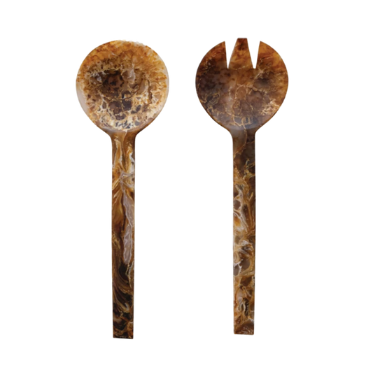 Resin Salad Servers, Matte Marbled Brown, Set of 2