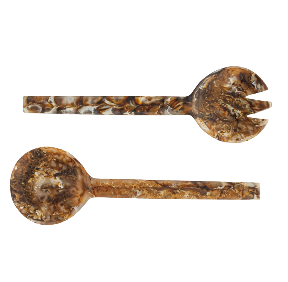 Resin Salad Servers, Matte Marbled Brown, Set of 2