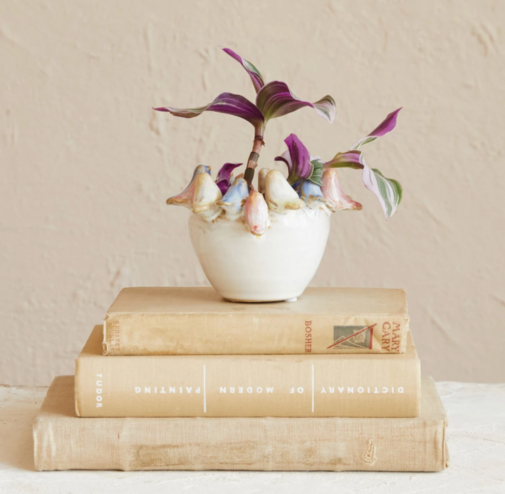 Stoneware Planter w/ Birds on Rim