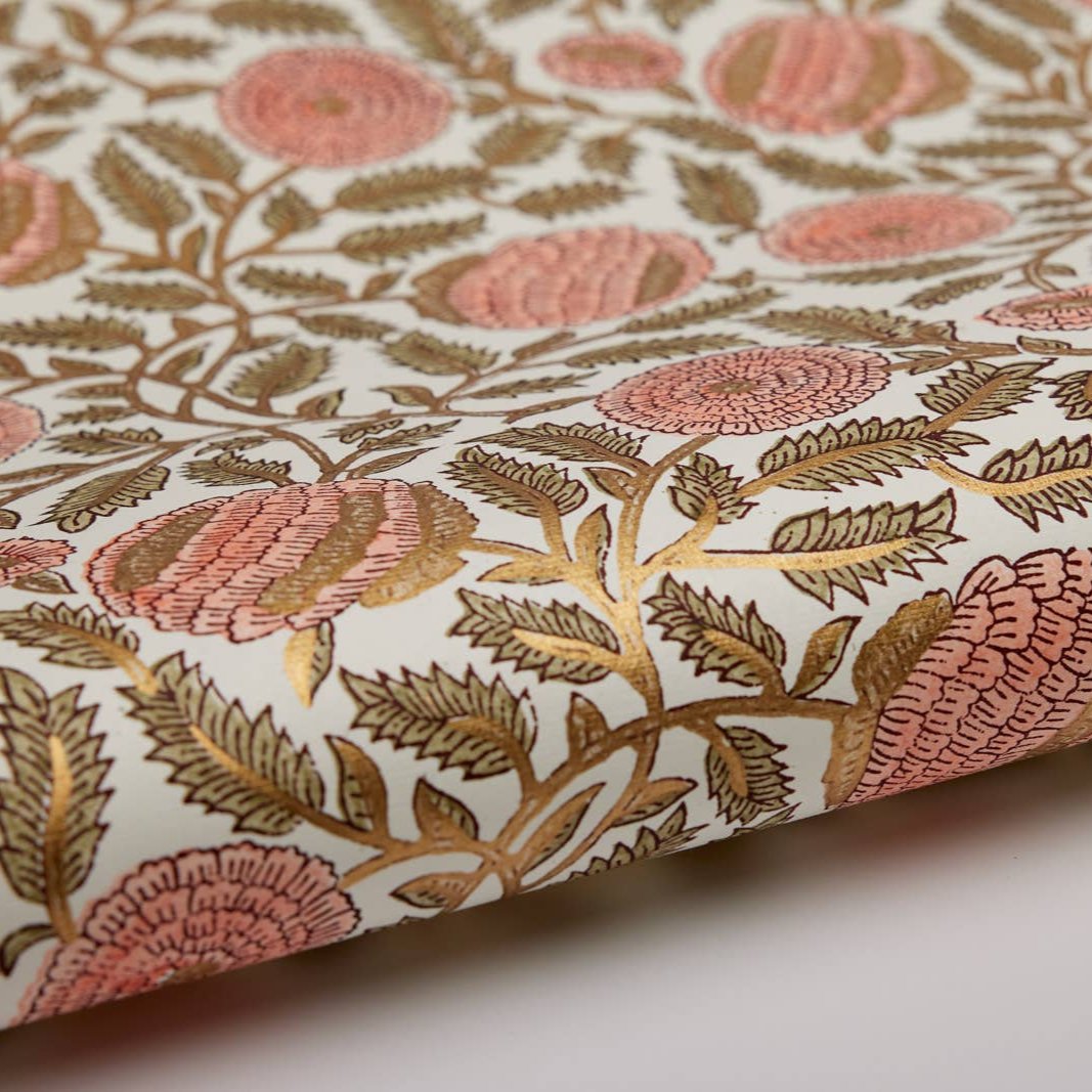 Block Printed Wrapping Paper Sheets - Marigold Glitz Coral