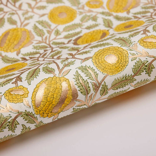 Block Printed Wrapping Paper Sheets - Marigold Glitz Sunshine